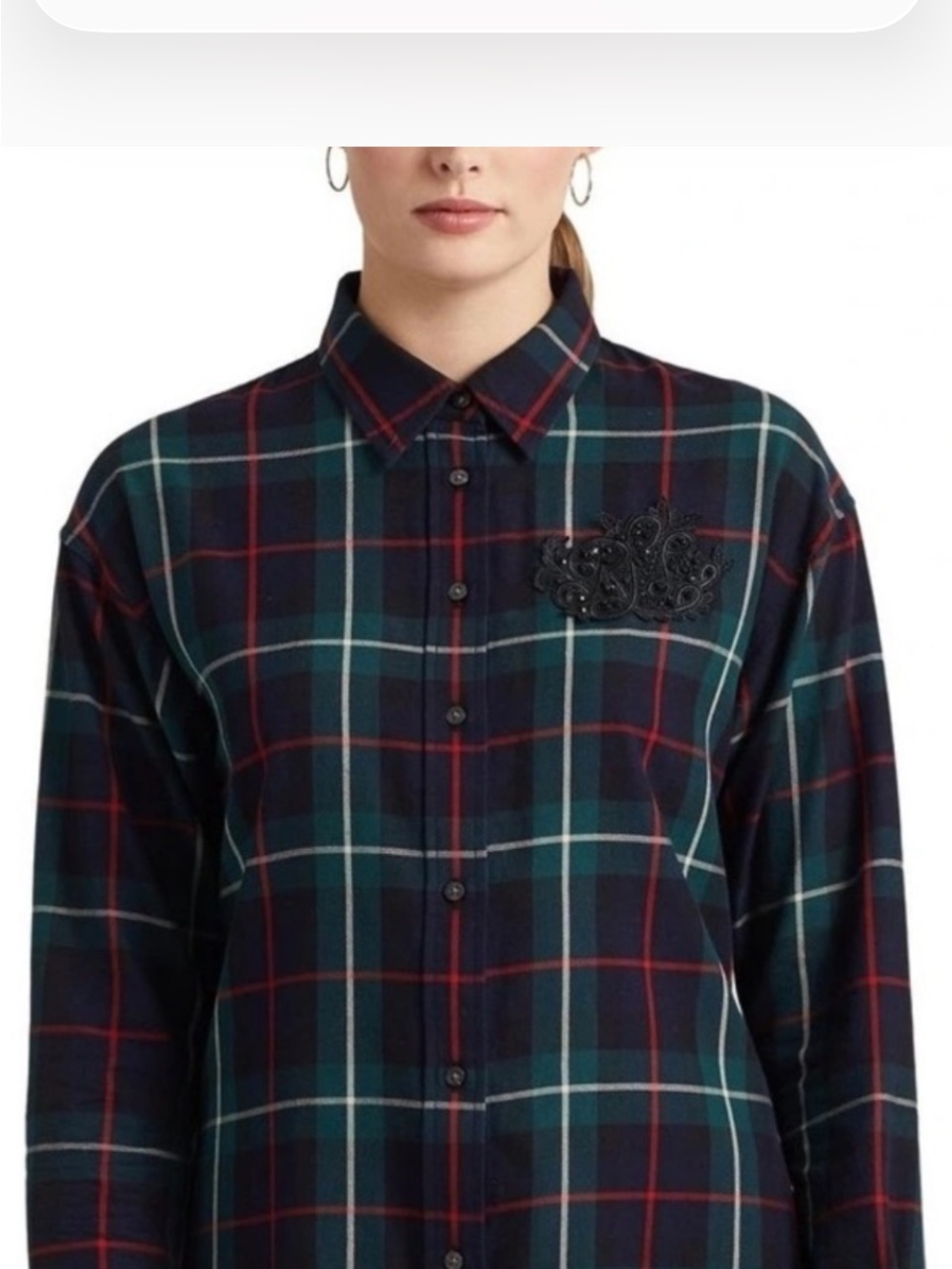 Lauren Ralph Lauren Plaid 100% cotton beaded lace crest button down